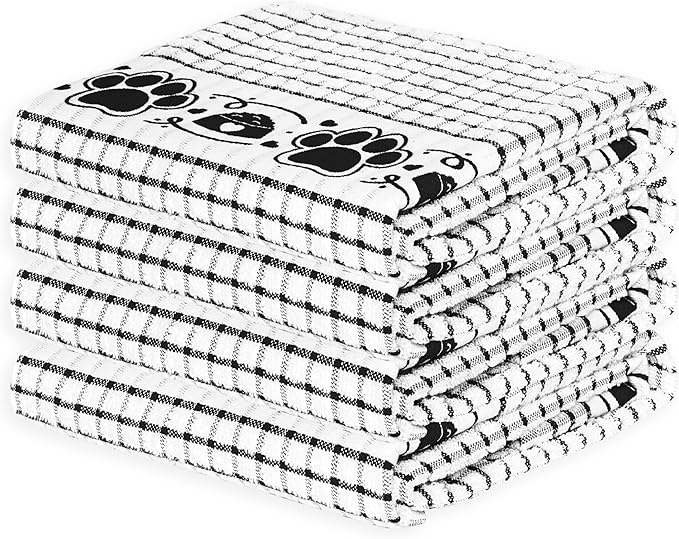 Cackleberry Home Paw Prints Terrycloth Kitchen Towels Windowpane Check Fabric, Set of 4 (Black)