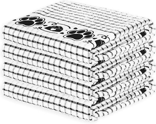 Cackleberry Home Paw Prints Terrycloth Kitchen Towels Windowpane Check Fabric, Set of 4 (Black)