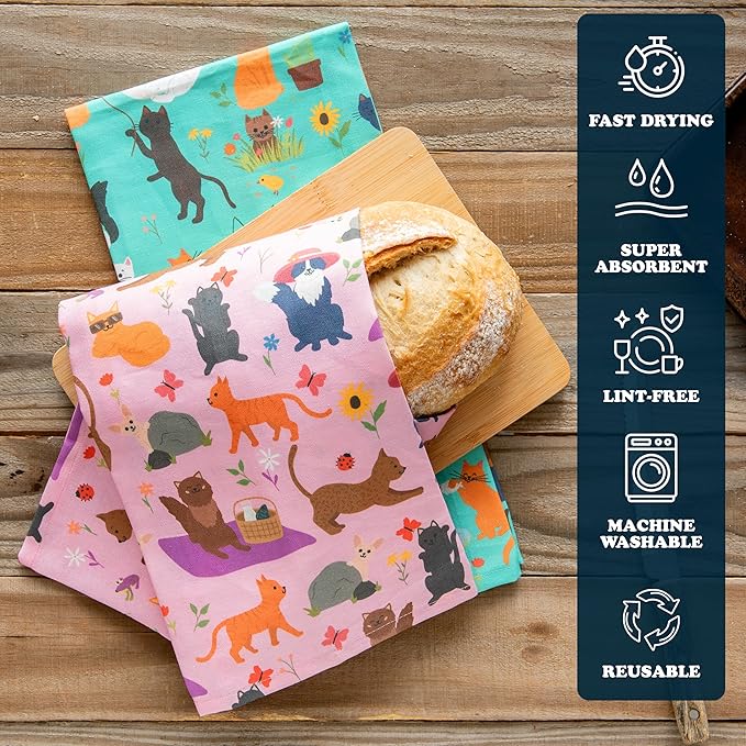 Cattington Cat Kitchen Towels Spring Decor for Home - Dish Towels & Cat Decor for Cat Lovers - Gardening Gifts for Women - Cat Mom Gifts for Gardeners 2-Pack (Whiskers & Bloom)