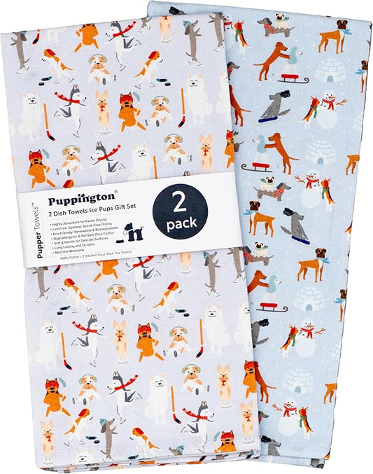 Dog Kitchen Towels - Ice Hockey Mom Gift Kitchen Towels - Rink Rover Puppies Skating Decor - Ice Hockey Decor Dog Tea Towels - Ice Skating Winter Tea Towel Set - 2-Pack (Ice Pups)