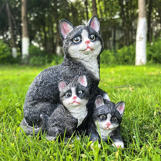 Mama Cat and Kitten Garden Statue,Outdoor Lawn Decorative Figurine Black Cat Statue for Patio Yard,Funny Animal Flower Bed Decor Art Sculpture