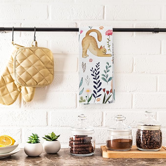 Pastoral Cat Kitchen Towels, Cat Lover Mom Lady Gifts Hand Towels for Bathroom Kitchen Decorative, Rustic Cottagecore Floral Kitty Kitten Dish Tea Towels Drying Cloth, 16x24 Inch