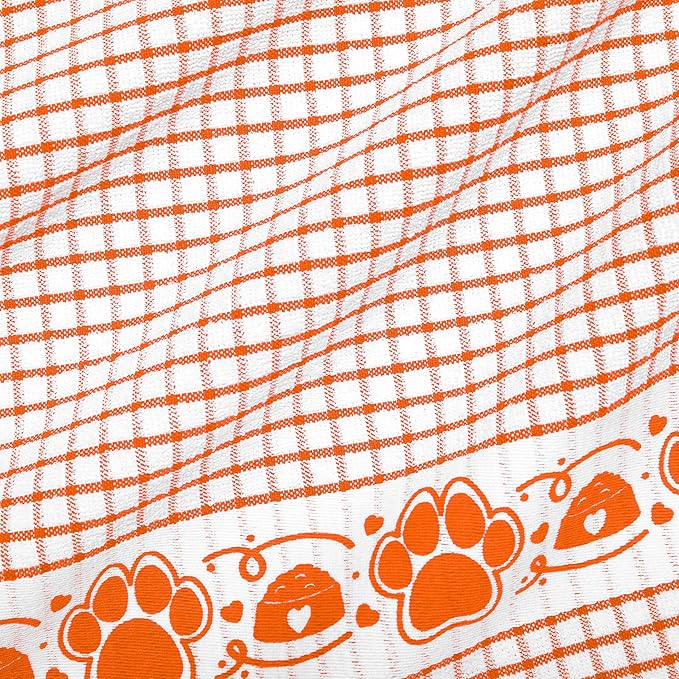 Cackleberry Home Paw Prints Terrycloth Kitchen Towels Windowpane Check Fabric, Set of 4 (Orange)