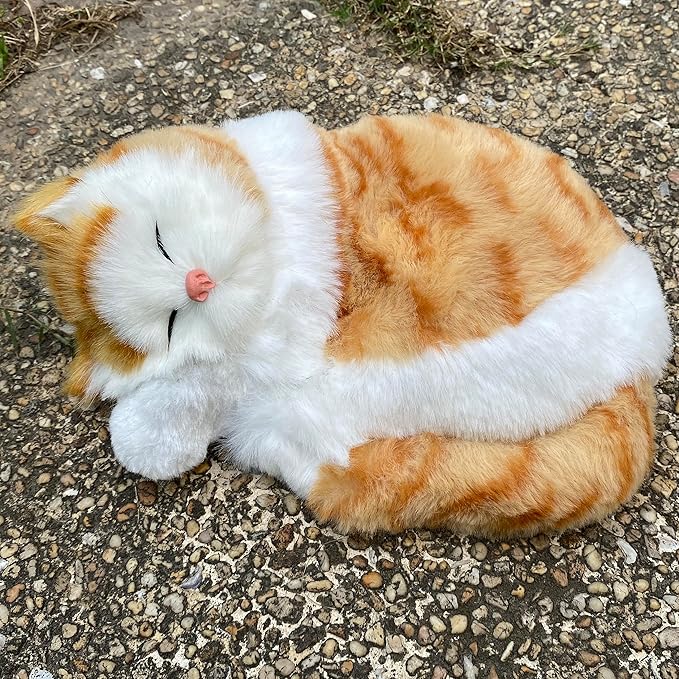 Realistic Plush Sleeping Cat Figurine Simulation Kitty Lifelike Kitten Home Office Shelf Decorative Statue, Synthetic Fur Pet Replica (Orange Tabby)