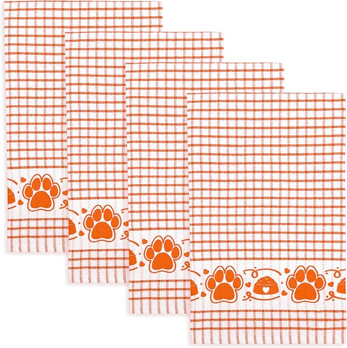 Cackleberry Home Paw Prints Terrycloth Kitchen Towels Windowpane Check Fabric, Set of 4 (Orange)