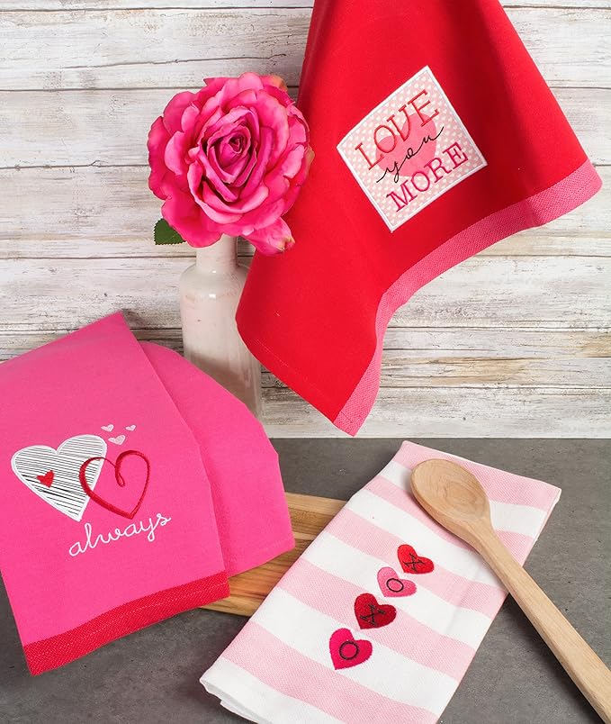 DII Valentine's Day Collection Kitchen, Dishtowel Set, 18x28, Embellished Hearts, 3 Piece