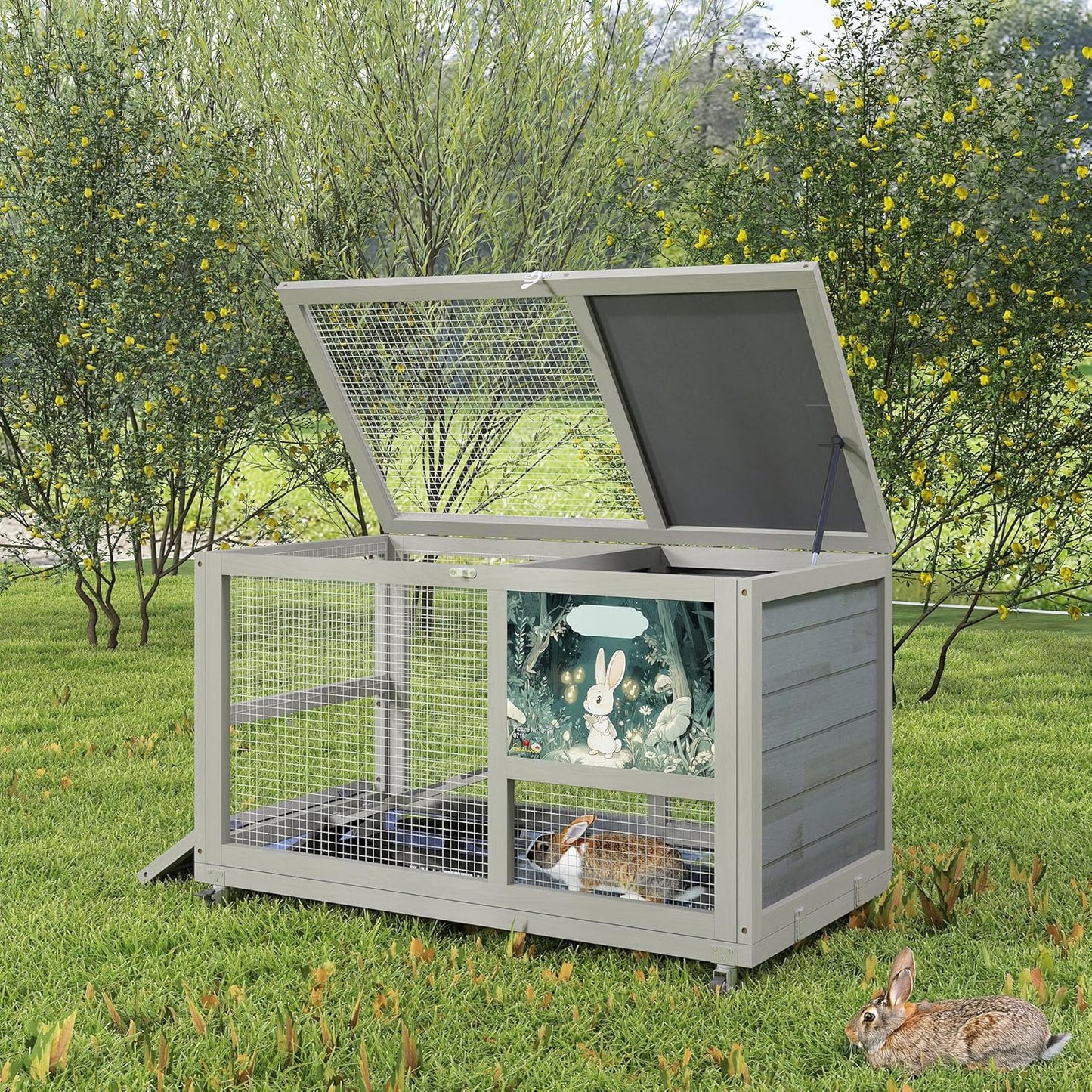 COZIWOW Fashionable Wood 36In Rabbit Hutch Indoor on Wheels Bunny Cage Outdoor Rabbit Cage with Clean Tray, Openable Roof, Anti-Slip Ramp for Small Bunny Rabbit (Grey with Pattern)