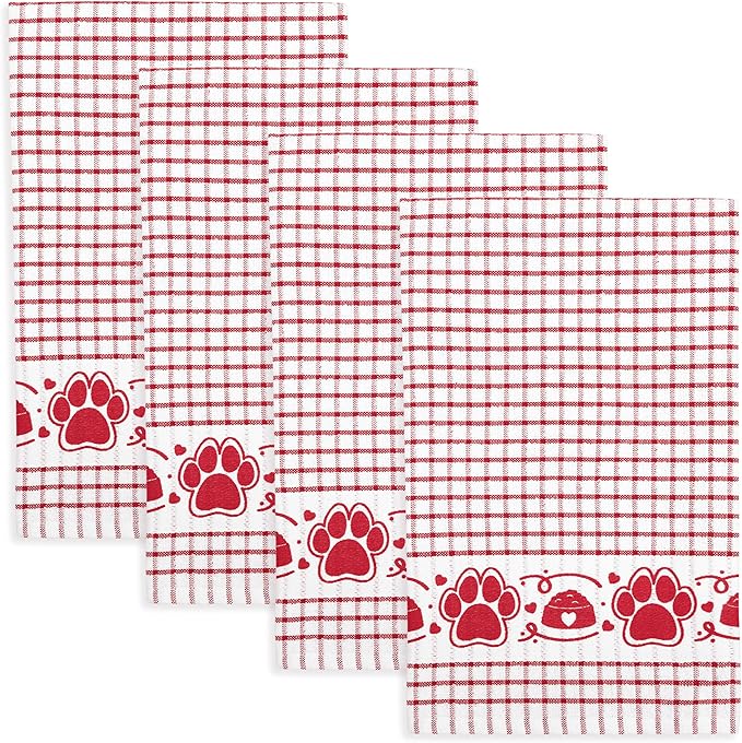 Cackleberry Home Paw Prints Terrycloth Kitchen Towels Windowpane Check Fabric, Set of 4 (Red)