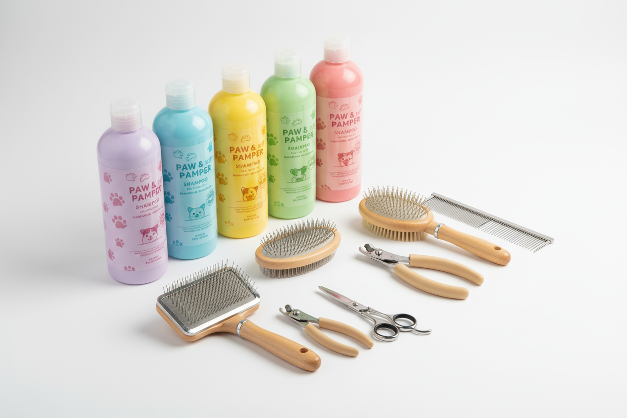 Shampoos, brushes, and tools to help your pet look and feel their best. (make it real photo)