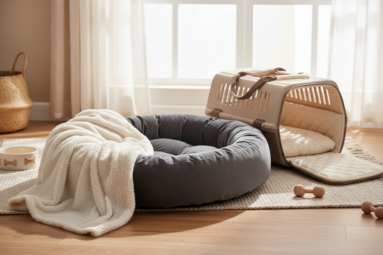 Soft beds, blankets, and carriers designed for ultimate coziness. (make it real photo)